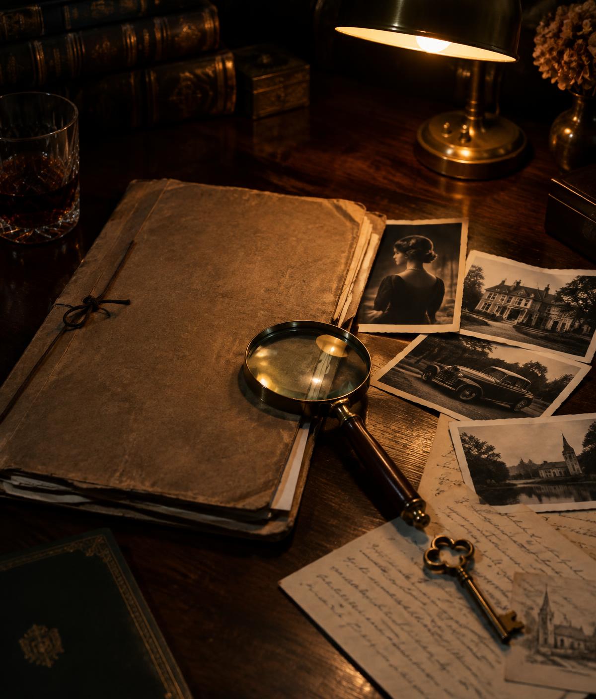 Ett gammalt fallarkiv med förstoringsglas och fotografier